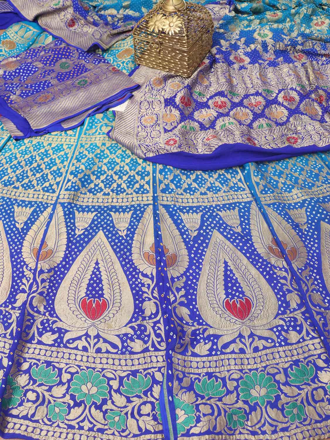 Blue Banarasi Bandhani Pure Georgette Meenakari Unstitched Lehenga Set - Luxurion World