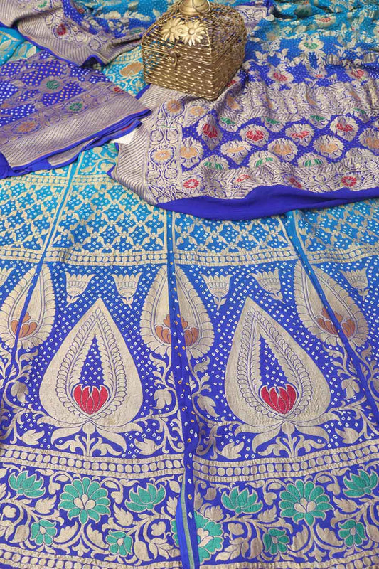 Blue Banarasi Bandhani Pure Georgette Meenakari Unstitched Lehenga Set