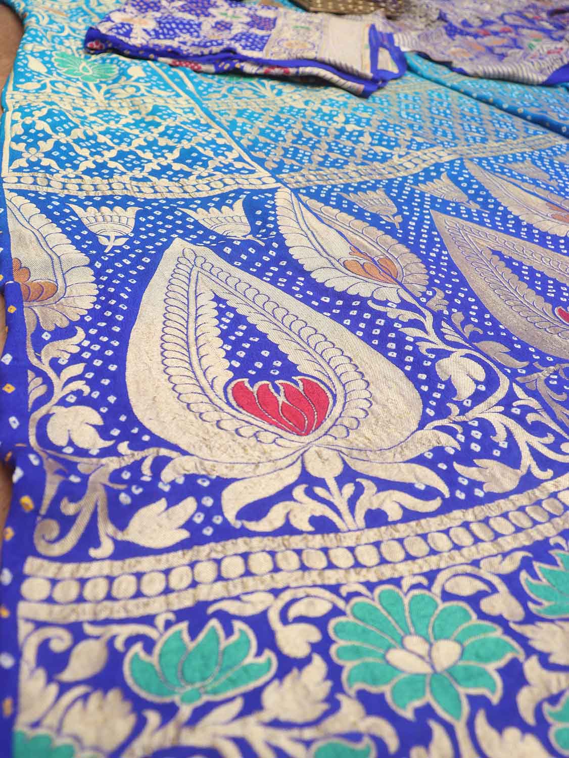 Blue Banarasi Bandhani Pure Georgette Meenakari Unstitched Lehenga Set - Luxurion World