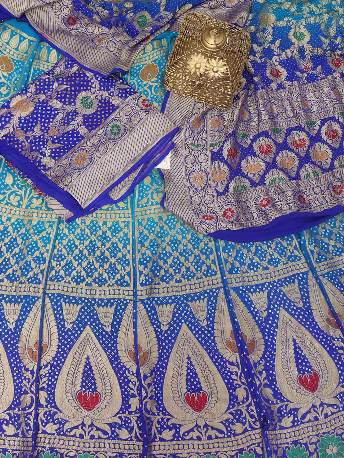 Blue Banarasi Bandhani Pure Georgette Meenakari Unstitched Lehenga Set - Luxurion World