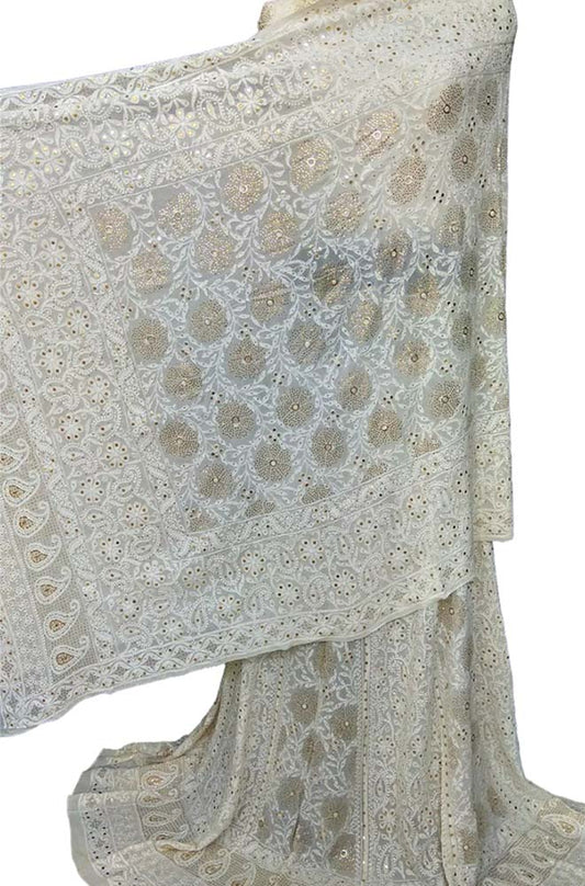 Dyeable Hand Embroidered Chikankari Pure Georgette Semi Stitched Lehenga Set With Mukaish Work - Luxurion World