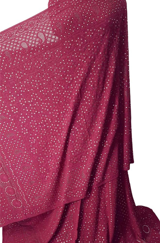 Pink Hand Embroidered Chikankari Pure Georgette Semi Stitched Lehenga Set With Mukaish Work