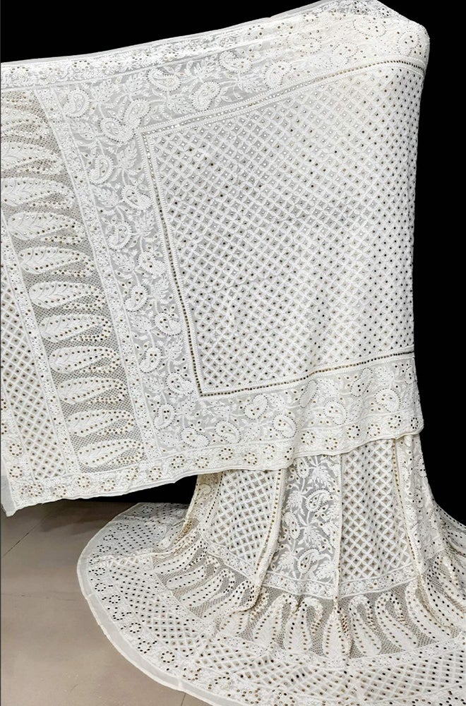 Dyeable Hand Embroidered Chikankari Pure Georgette Semi Stitched Lehenga With Mukaish Work - Luxurion World