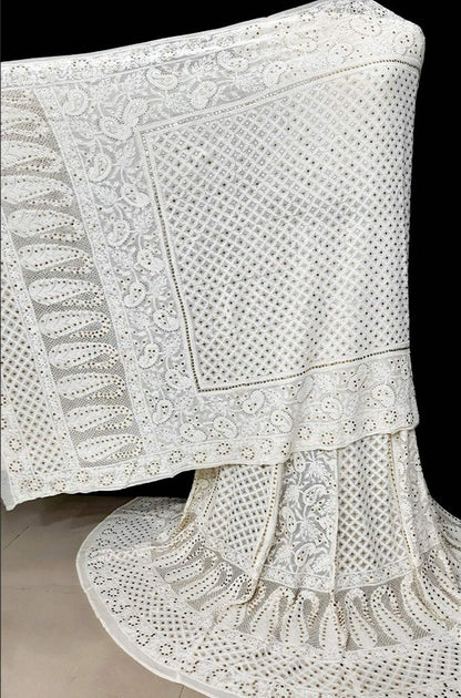 Dyeable Hand Embroidered Chikankari Pure Georgette Semi Stitched Lehenga With Mukaish Work - Luxurion World