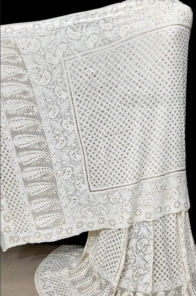 Dyeable Hand Embroidered Chikankari Pure Georgette Semi Stitched Lehenga With Mukaish Work - Luxurion World