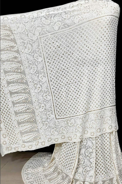 Dyeable Hand Embroidered Chikankari Pure Georgette Semi Stitched Lehenga With Mukaish Work - Luxurion World