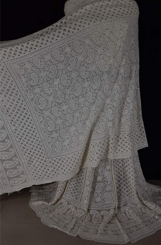 Dyeable Hand Embroidered Chikankari Pure Georgette Semi Stitched Lehenga With Mukaish Work - Luxurion World