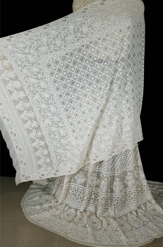 Dyeable Hand Embroidered Chikankari Pure Georgette Semi Stitched Lehenga With Mukaish Work - Luxurion World