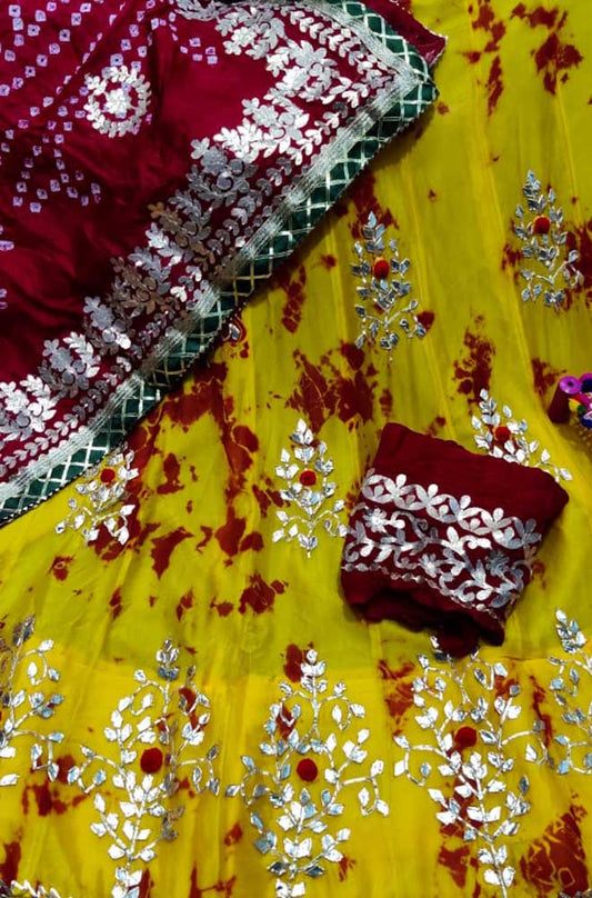 Yellow Hand Gota Patti Work Chinon Lehenga Set - Luxurion World