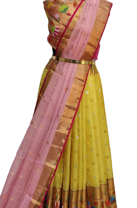 Yellow Handloom Kota Doria Tissue Silk Unstitched Lehenga Set - Luxurion World
