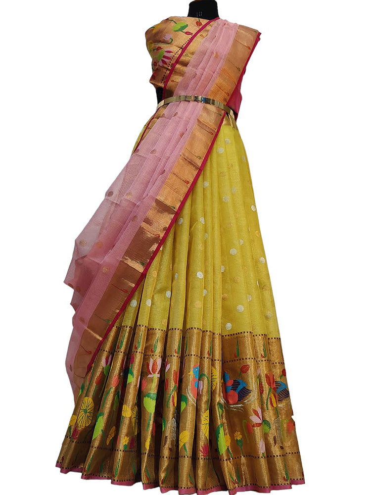 Yellow Handloom Kota Doria Tissue Silk Unstitched Lehenga Set - Luxurion World