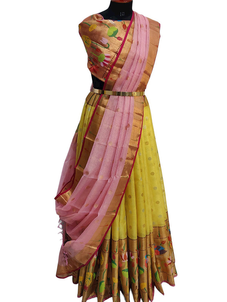 Yellow Handloom Kota Doria Tissue Silk Unstitched Lehenga Set - Luxurion World