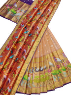 Orange Handloom Kota Doria Real Zari Unstitched Lehenga Set - Luxurion World