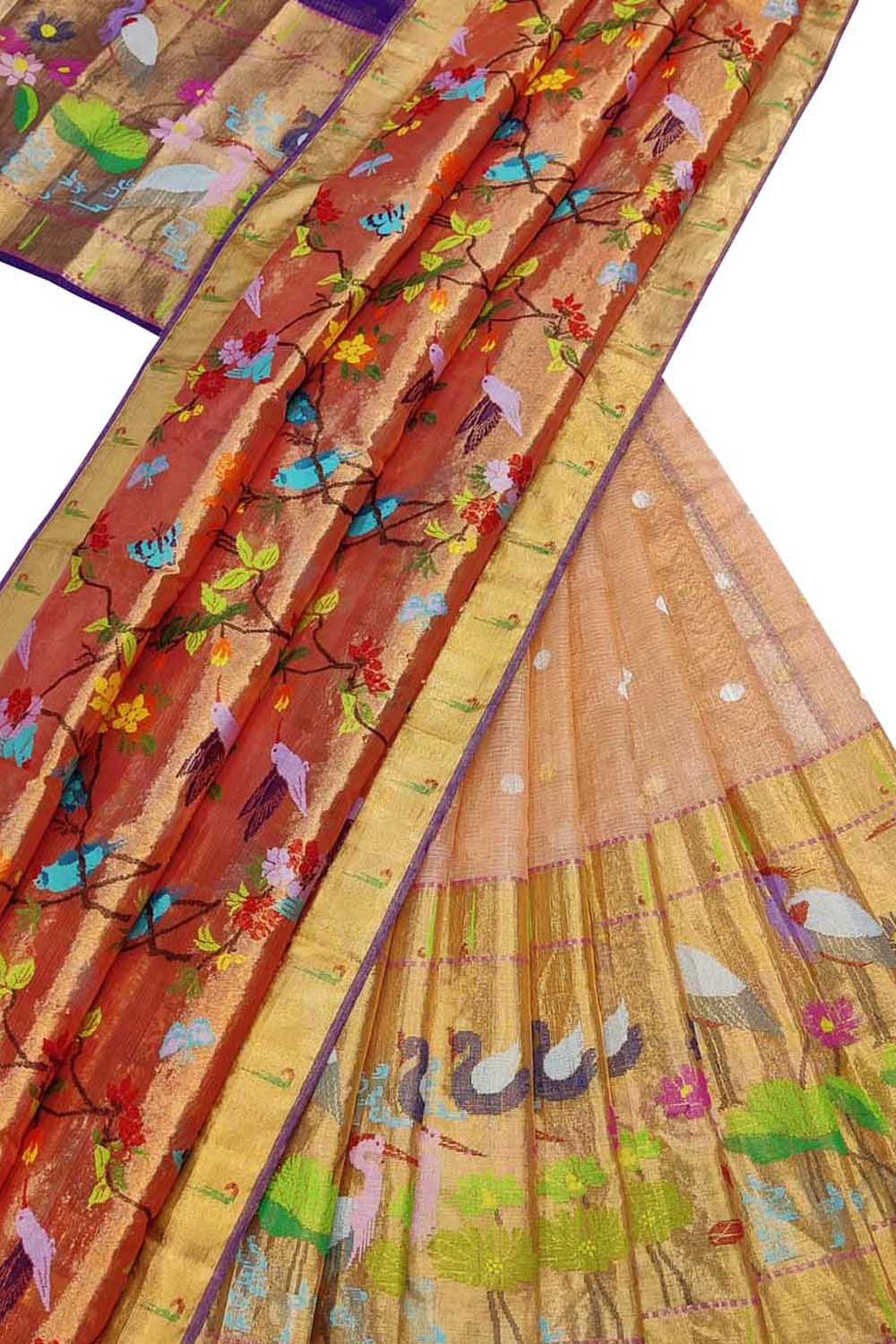 Orange Handloom Kota Doria Real Zari Unstitched Lehenga Set - Luxurion World