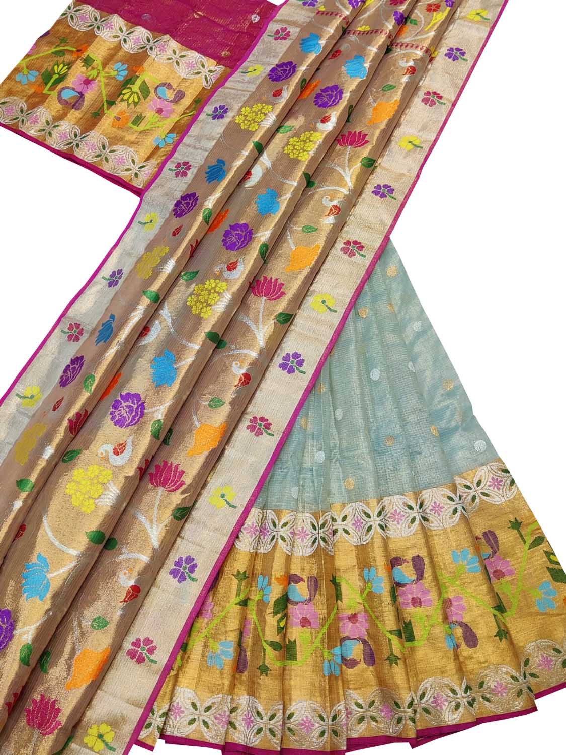 Blue Handloom Kota Doria Real Zari Unstitched Lehenga Set - Luxurion World