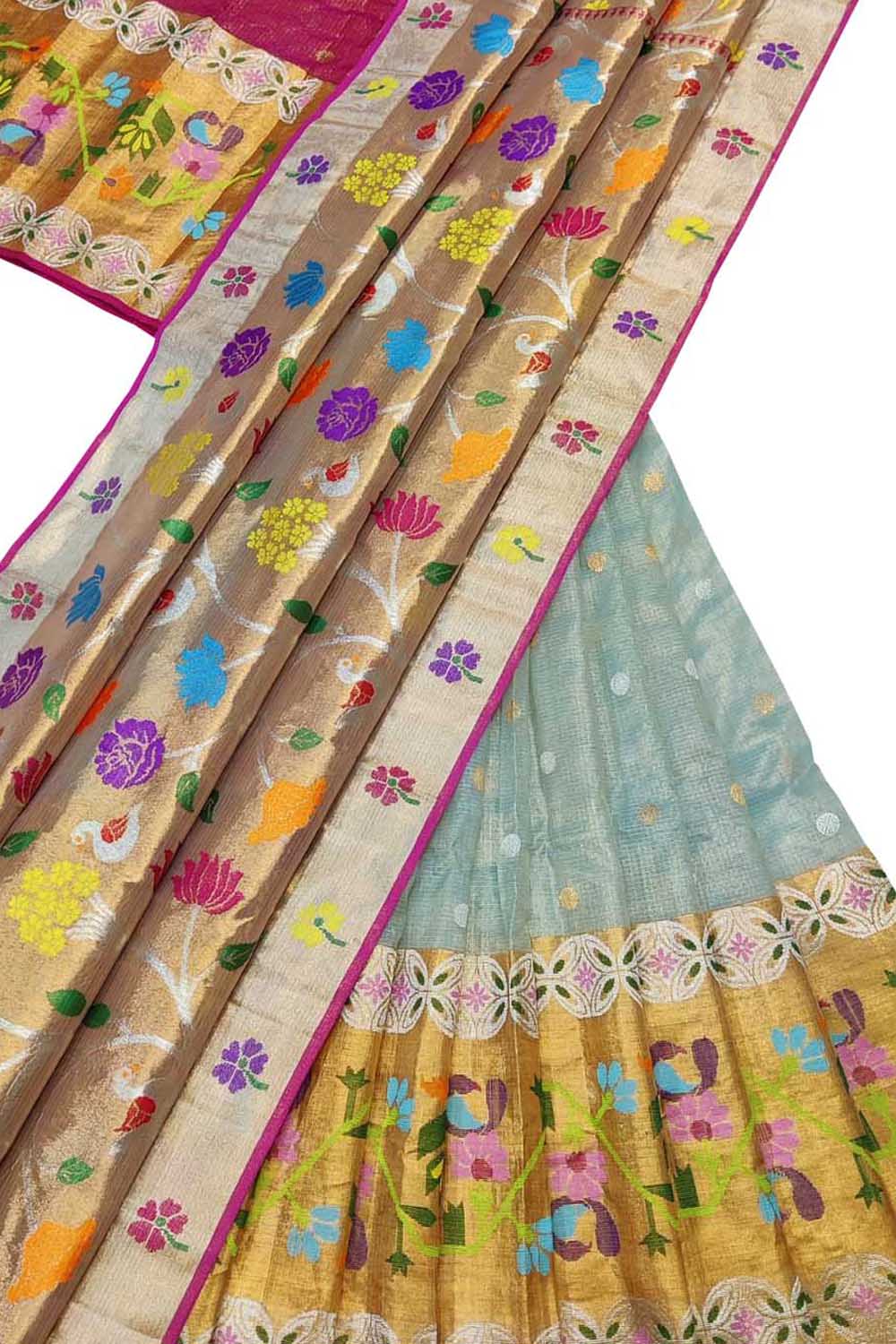 Blue Handloom Kota Doria Real Zari Unstitched Lehenga Set - Luxurion World