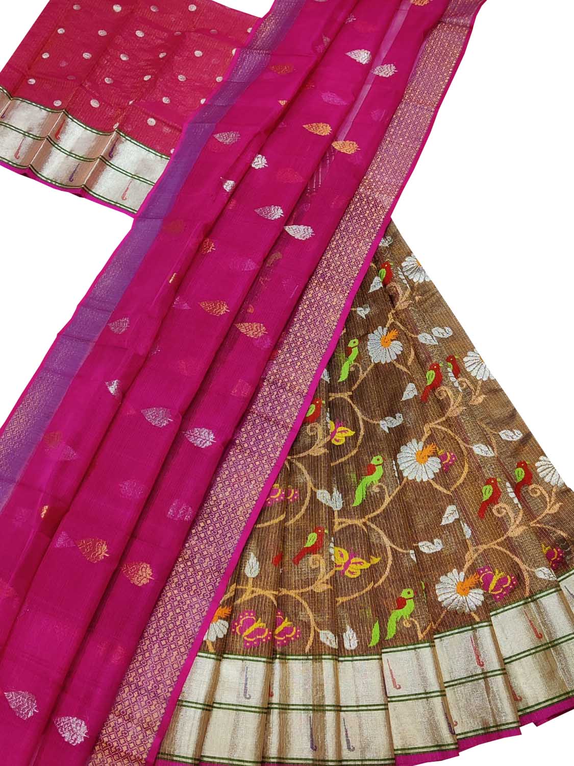 Brown Handloom Kota Doria Real Zari Unstitched Lehenga Set - Luxurion World