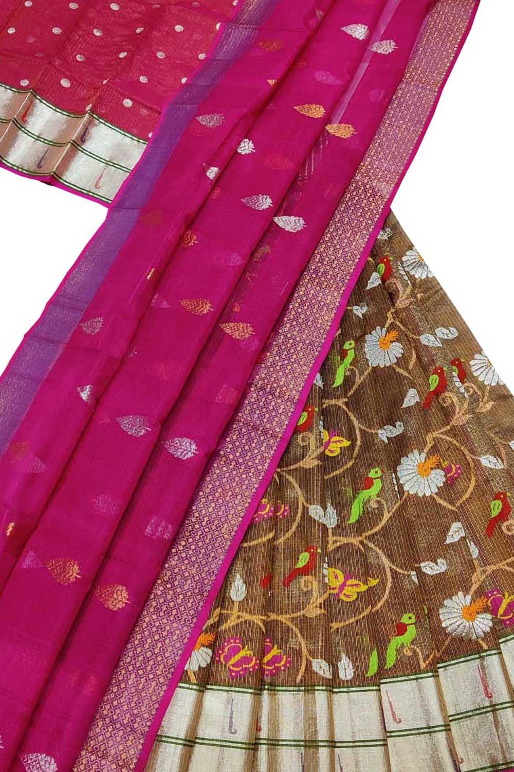 Brown Handloom Kota Doria Real Zari Unstitched Lehenga Set - Luxurion World