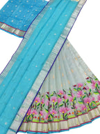 Blue Handloom Kota Doria Real Zari Unstitched Lehenga Set - Luxurion World
