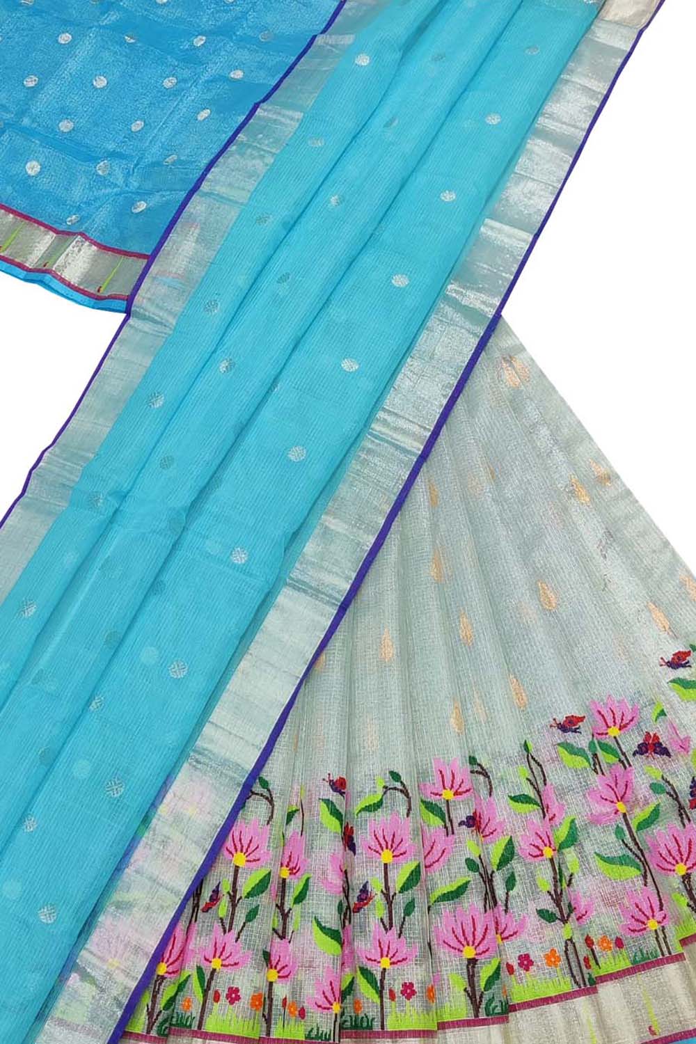 Blue Handloom Kota Doria Real Zari Unstitched Lehenga Set - Luxurion World