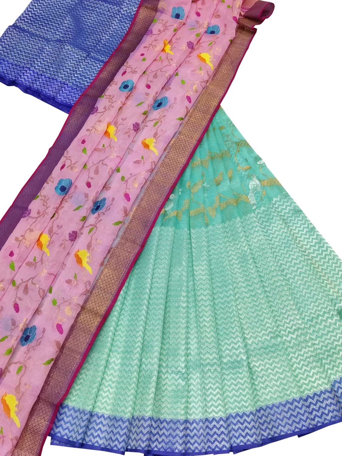 Blue Handloom Kota Doria Real Zari Unstitched Lehenga Set - Luxurion World