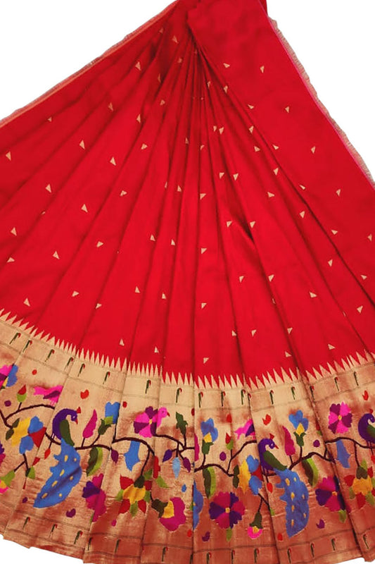 Red Paithani Handloom Pure Silk Lehenga Fabric - Luxurion World