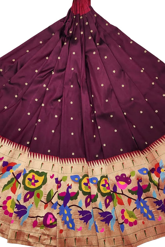 Maroon Paithani Handloom Pure Silk Lehenga Fabric - Luxurion World