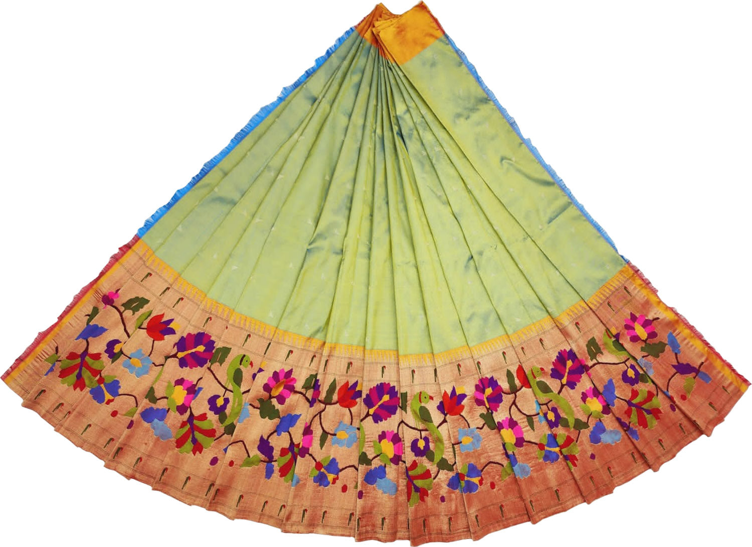 Green Paithani Handloom Pure Silk Lehenga Fabric - Luxurion World