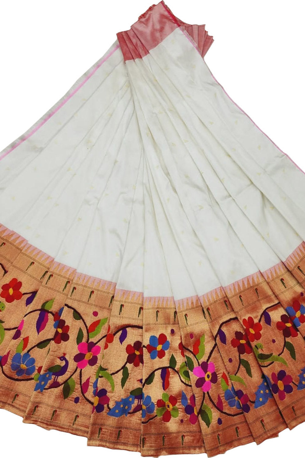 Off White Paithani Handloom Pure Silk Lehenga Fabric - Luxurion World