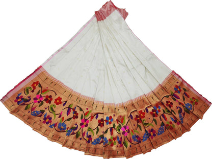 Off White Paithani Handloom Pure Silk Lehenga Fabric - Luxurion World