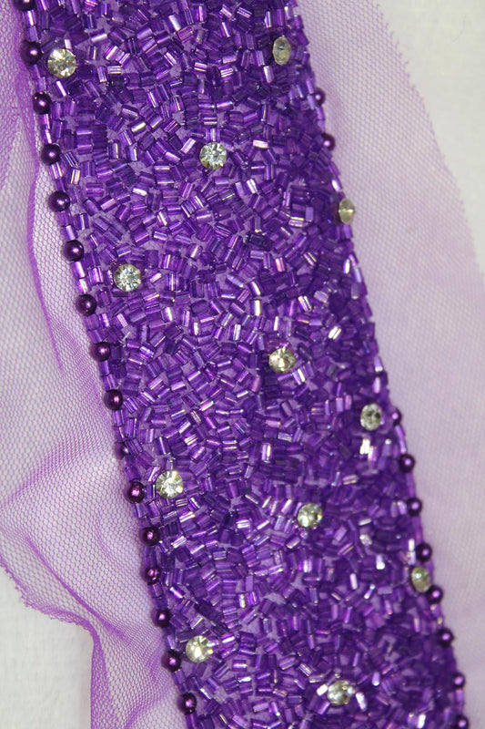 Purple Beads Work Embroidered Lace with Cutdana Embellishments ( Roll OF 9 Meter ) - Luxurion World