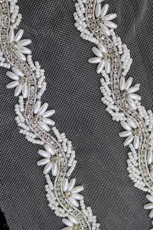White Embellished Stone and Pearl Work Embroidered Lace (9m Roll)