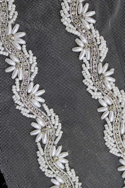 White Embellished Stone and Pearl Work Embroidered Lace (9m Roll) - Luxurion World