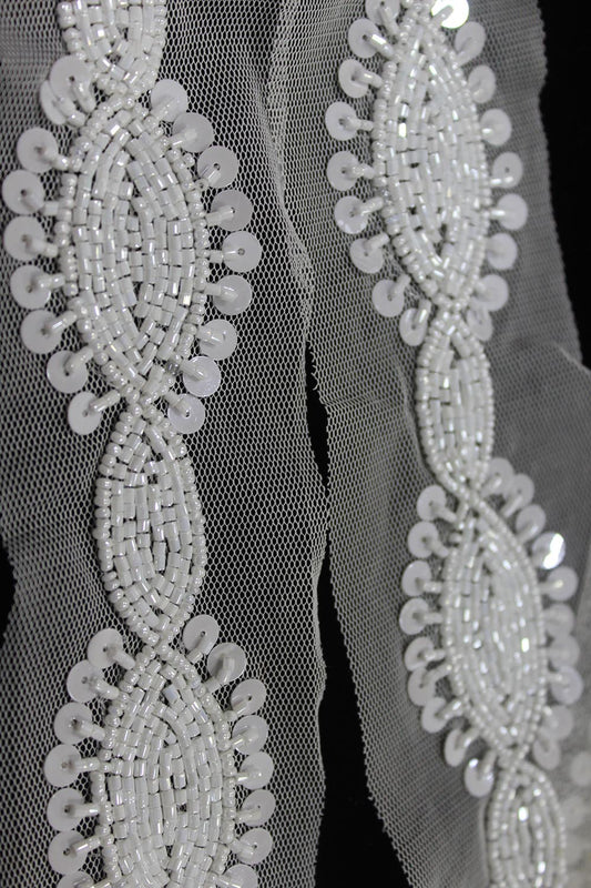 Elegant White Lace with Exquisite Beads And Sequins Handwork Embellishments ( Roll OF 9 Meter ) - Luxurion World