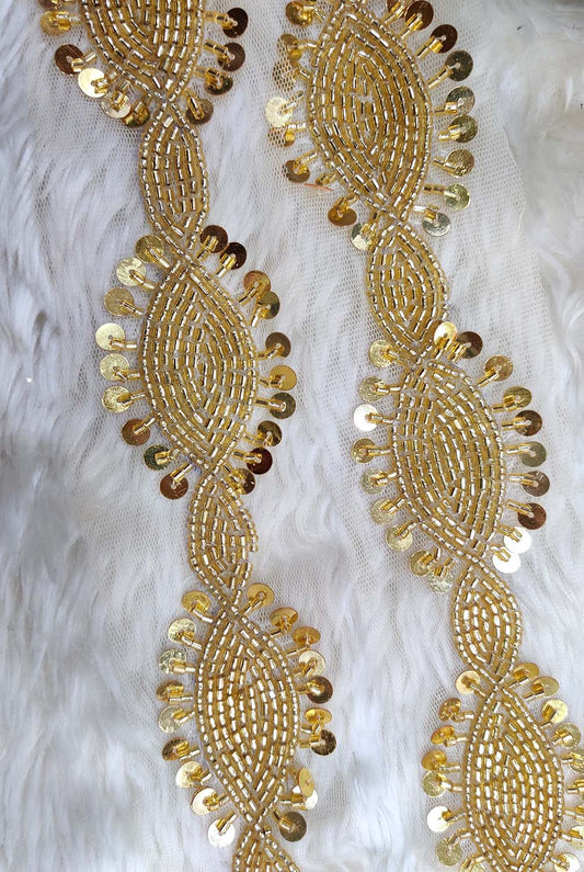 Exquisite Golden Beads And Sequins Handwork Lace: A Masterpiece of Embellishment ( Roll OF 9 Meter ) - Luxurion World