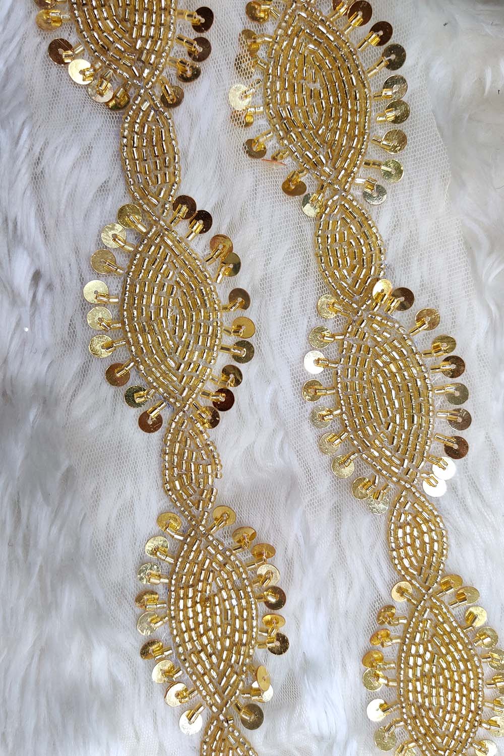 Exquisite Golden Beads And Sequins Handwork Lace: A Masterpiece of Embellishment ( Roll OF 9 Meter ) - Luxurion World