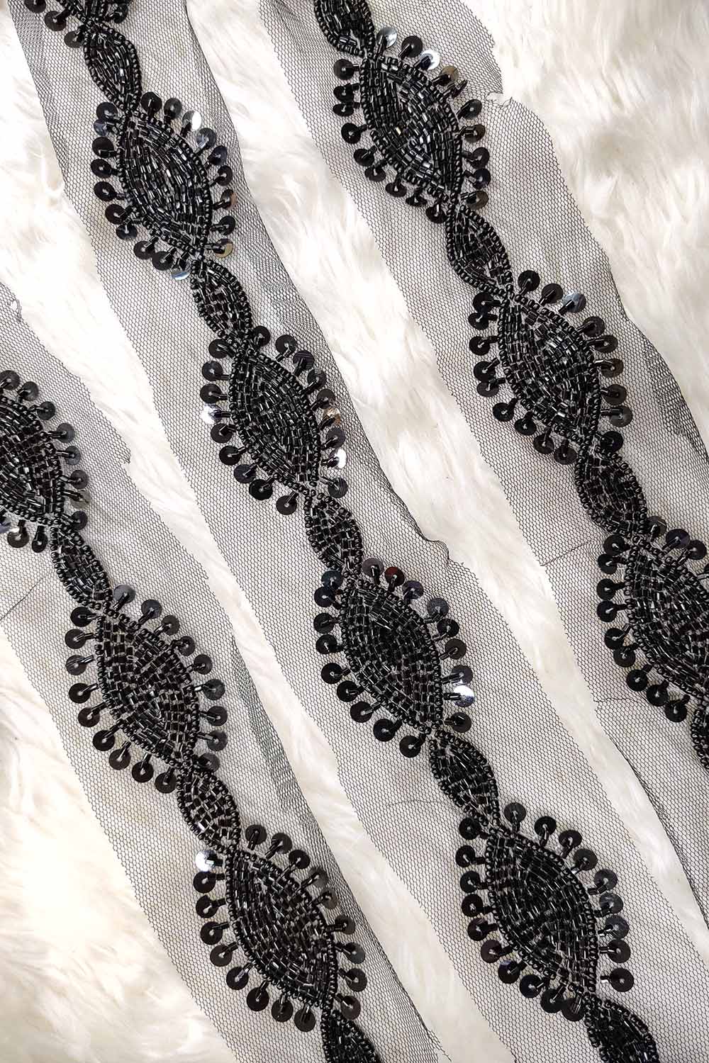 Elegant Black Lace with Intricate Beads And Sequins Handwork Embellishments ( Roll OF 9 Meter ) - Luxurion World