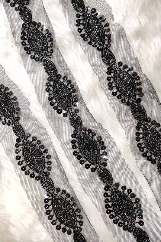 Elegant Black Lace with Intricate Beads And Sequins Handwork Embellishments ( Roll OF 9 Meter ) - Luxurion World