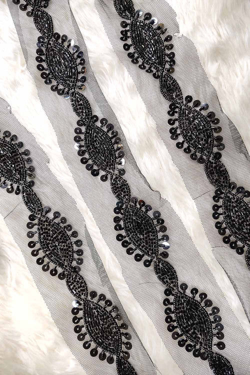 Elegant Black Lace with Intricate Beads And Sequins Handwork Embellishments ( Roll OF 9 Meter ) - Luxurion World