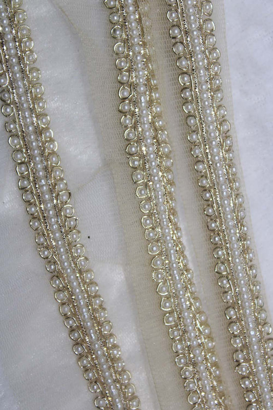Gilded Elegance: Luxurious Golden Embellished Pearl Handwork Lace ( Roll OF 9 Meter ) - Luxurion World