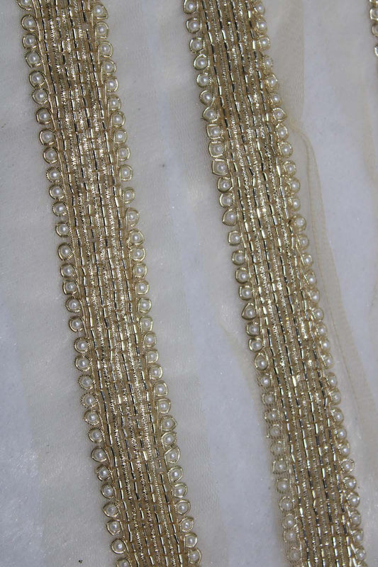 Exquisite Golden Beads And Pearl Handwork Lace: A Masterpiece of Embellishment ( Roll OF 9 Meter ) - Luxurion World