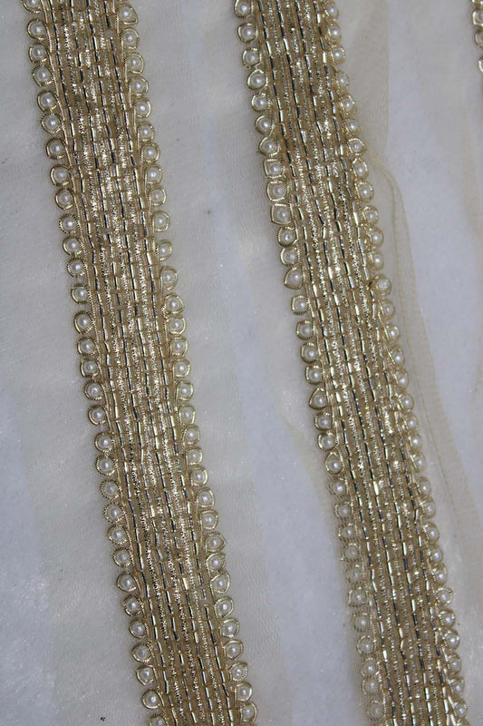 Exquisite Golden Beads And Pearl Handwork Lace: A Masterpiece of Embellishment ( Roll OF 9 Meter ) - Luxurion World