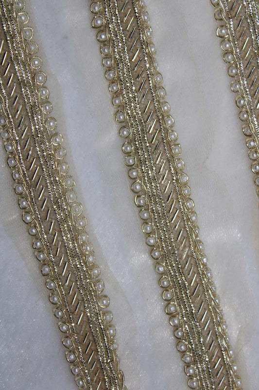 Exquisite Golden Beads And Pearl Work Handwork Lace: A Masterpiece of Embellishment ( Roll OF 9 Meter ) - Luxurion World