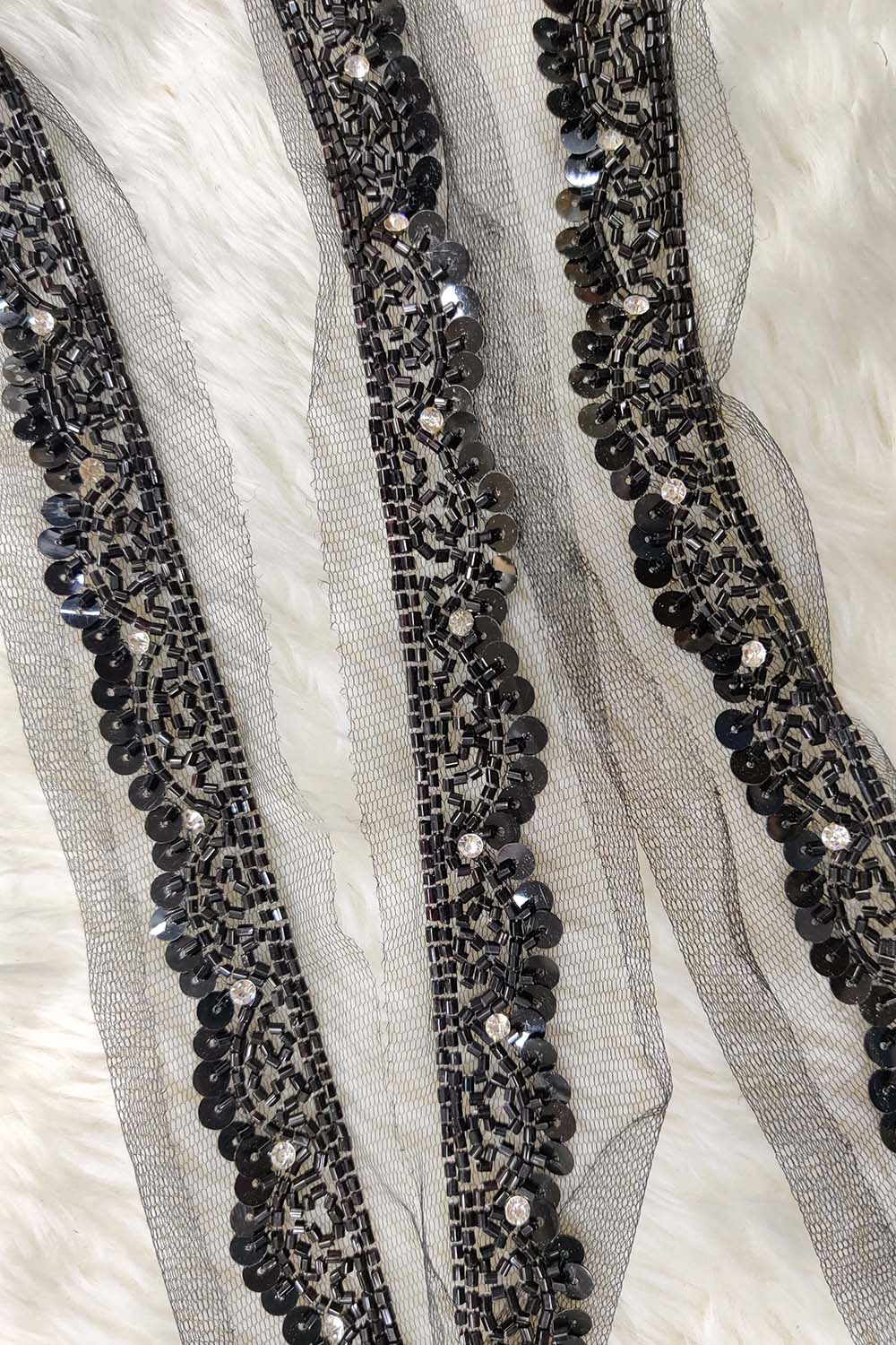 Elegant Black Lace with Exquisite Beads And Sequins Handwork Embellishments ( Roll OF 9 Meter ) - Luxurion World