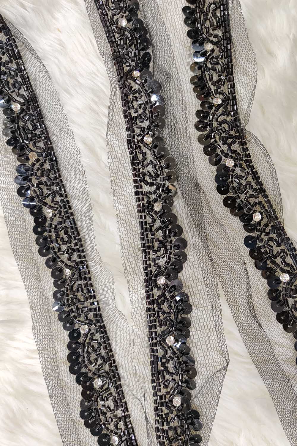 Elegant Black Lace with Exquisite Beads And Sequins Handwork Embellishments ( Roll OF 9 Meter ) - Luxurion World