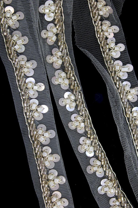 Exquisite White Lace with Intricate Beads And Sequins Handwork Embellishments ( Roll OF 9 Meter ) - Luxurion World