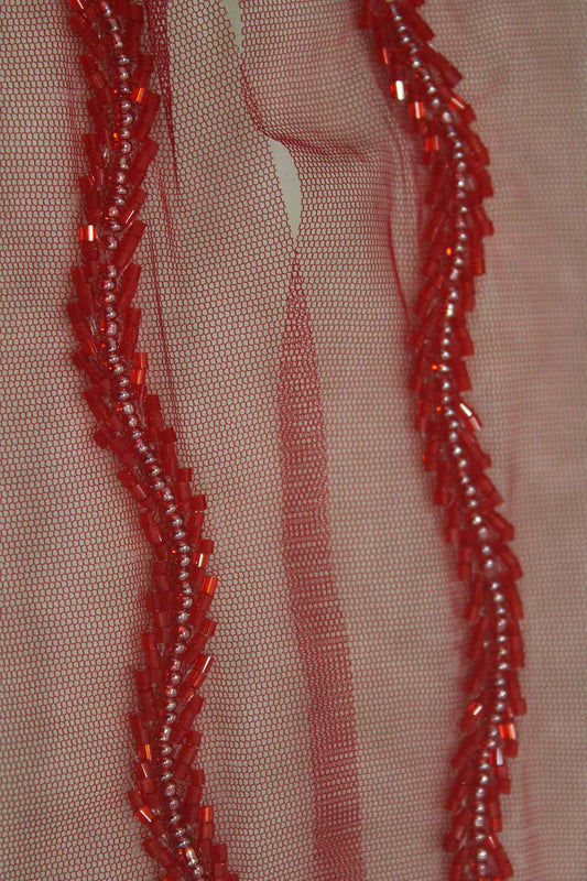 Exquisite Red Lace with Intricate Handwork Embellishments - Luxurion World