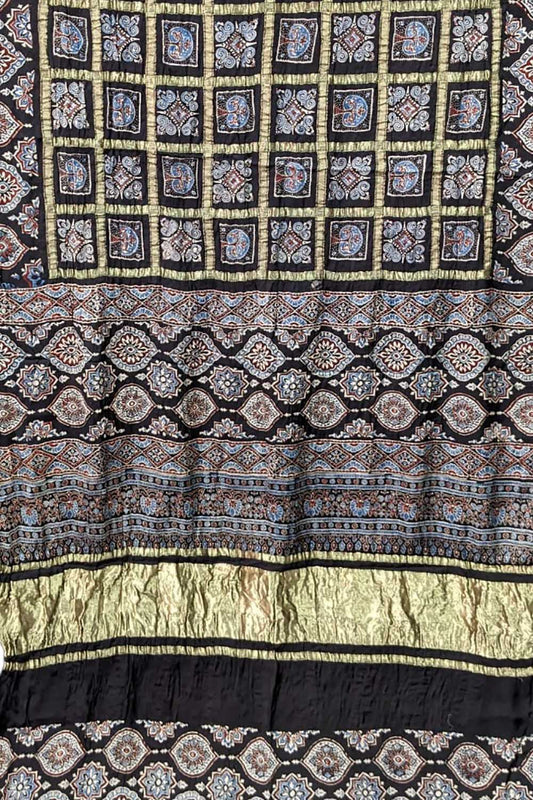 Shop the Stunning Black Ajrakh Modal Silk Saree - Hand Block Printed - Luxurion World