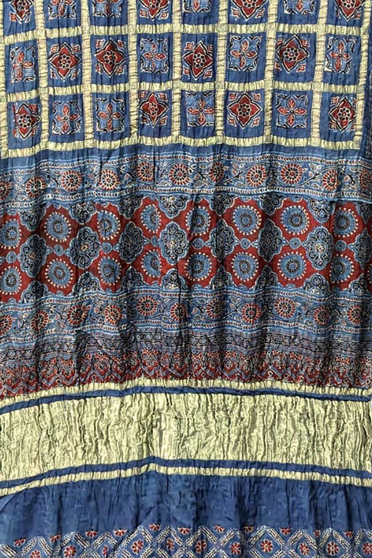 Shop the Blue Ajrakh Modal Silk Saree with Block Print - Get Gorgeous! - Luxurion World