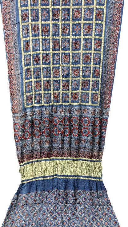 Shop the Blue Ajrakh Modal Silk Saree with Block Print - Get Gorgeous! - Luxurion World